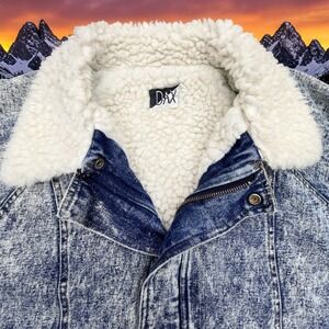 Vintage 1980s DAX Acid Wash Denim Bomber Jacket Sherpa Lined Blue Mens Large